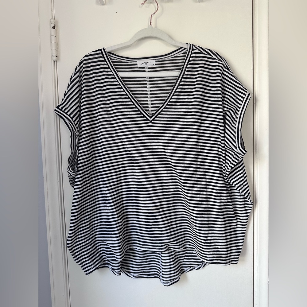 CJLA Black & White Striped V-Neck Women’s Top